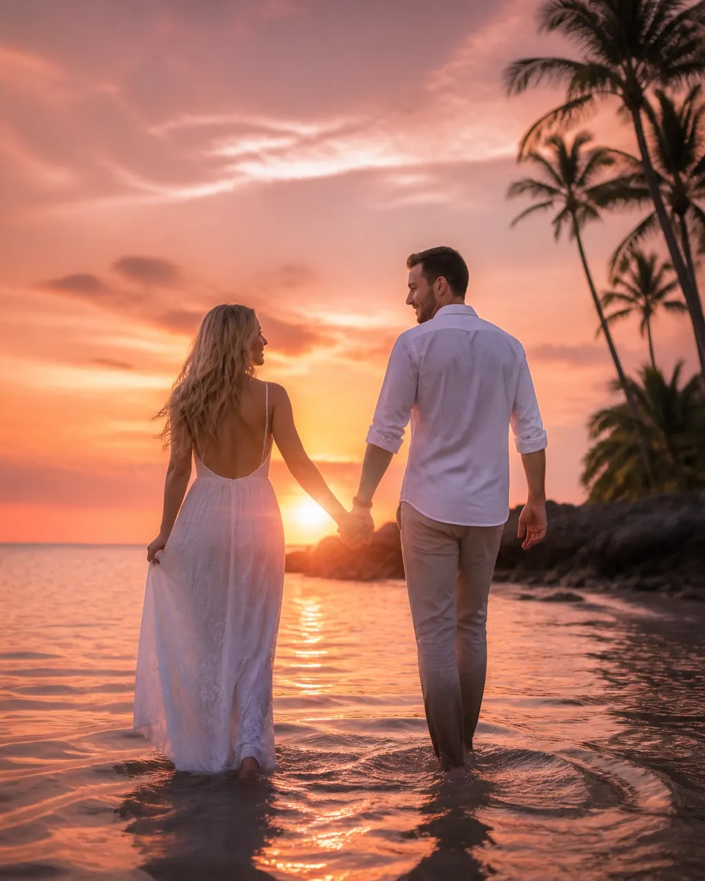 Couple walking through shallow water at a Florida sunset