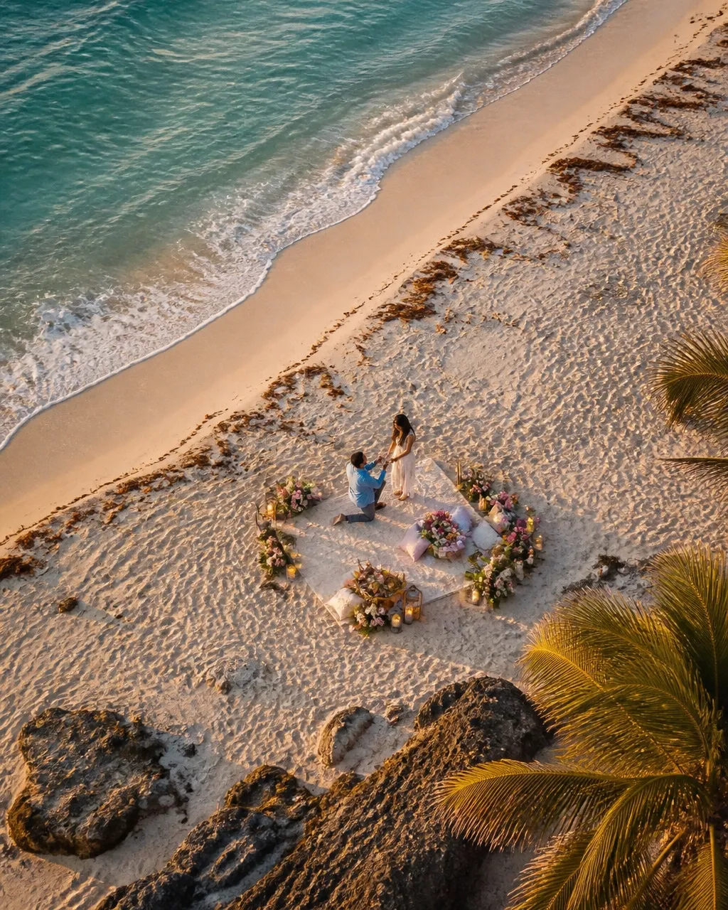 Aerial view of a beach picnic proposal beside turquoise water