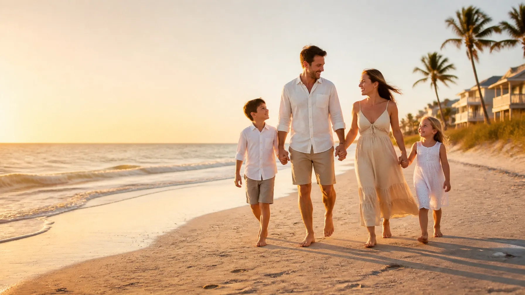 Family walking along a Florida beach at golden hour