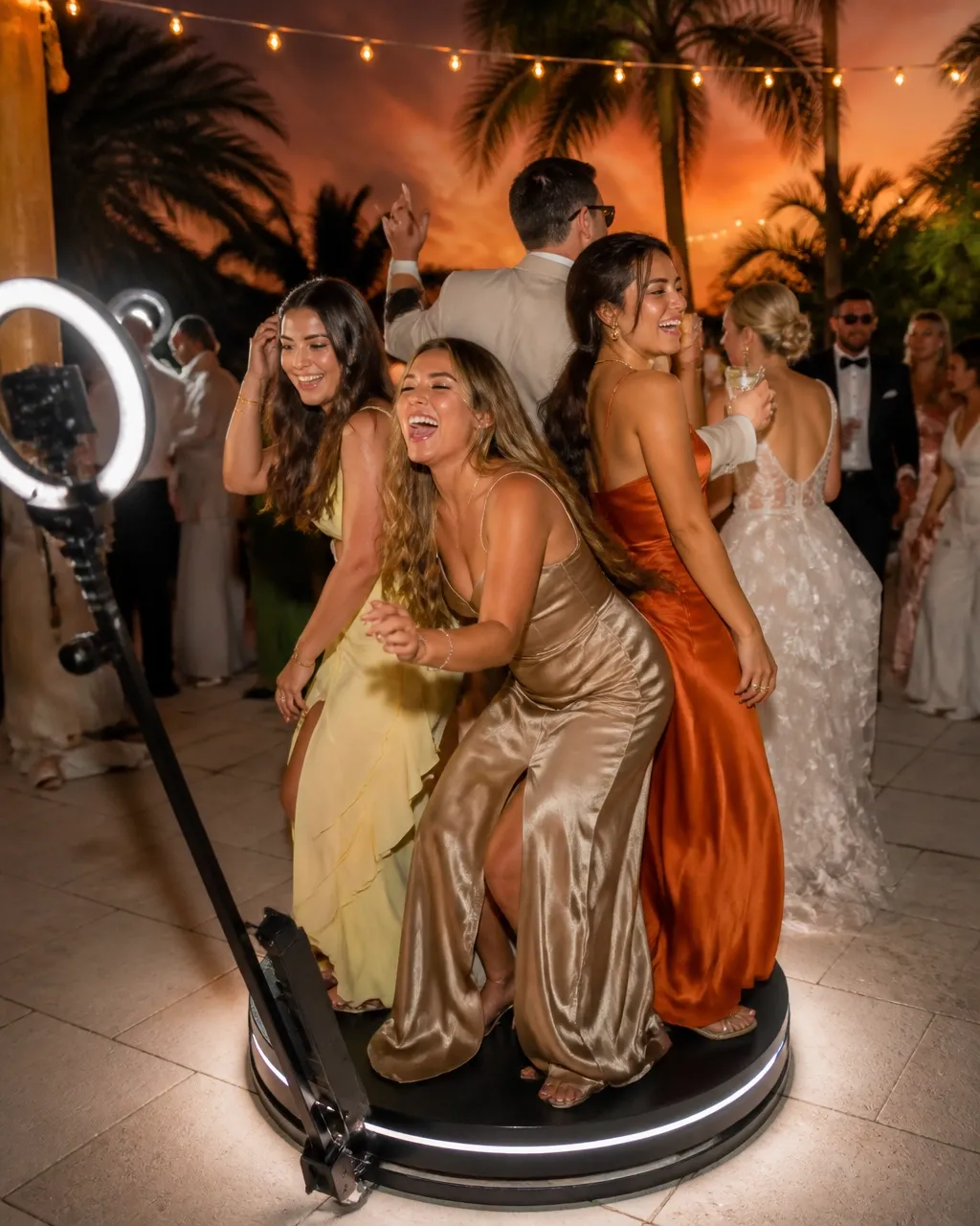 Friends laughing around a 360 photo booth at a Florida wedding