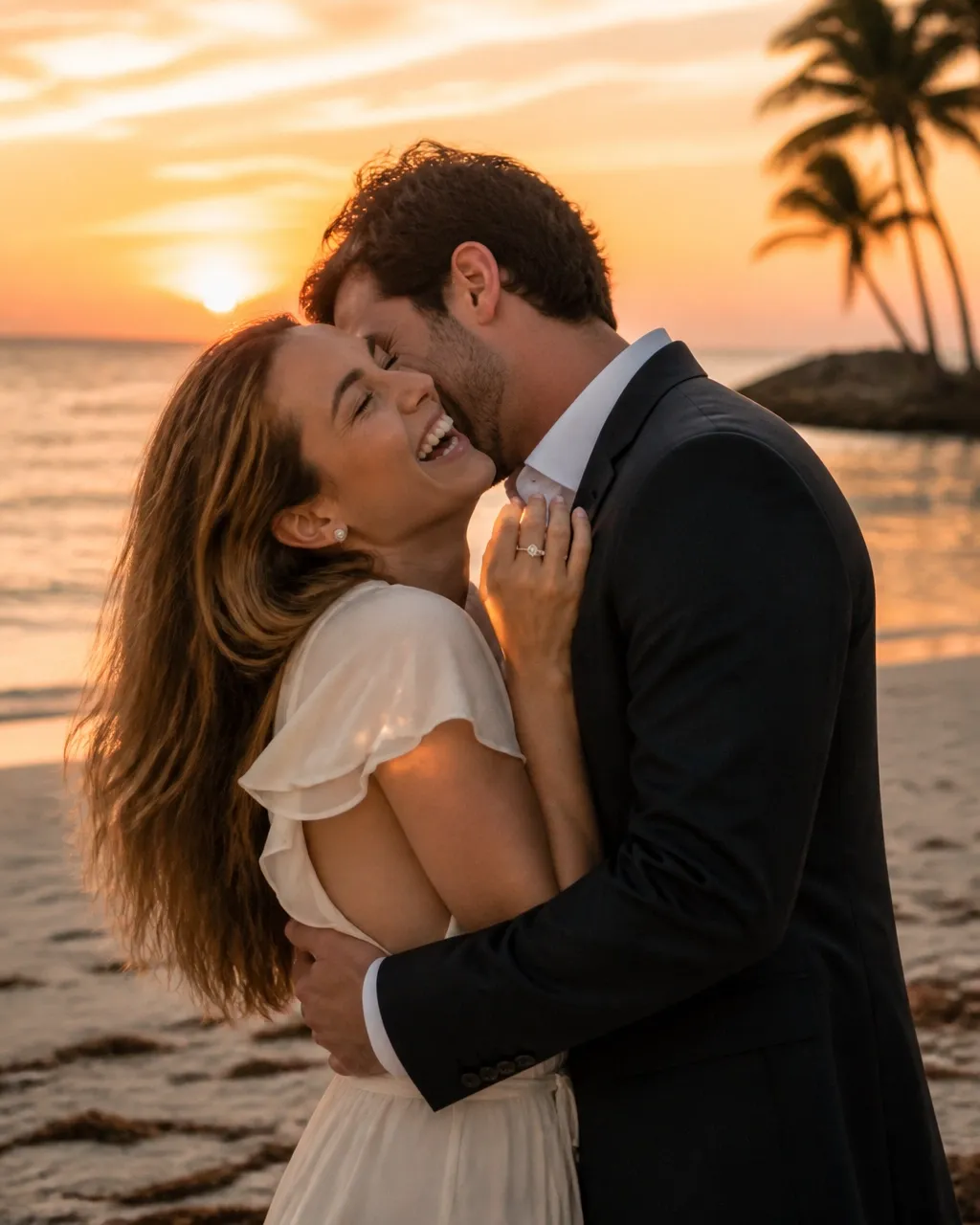 Newly engaged couple embracing on a Florida beach at sunset
