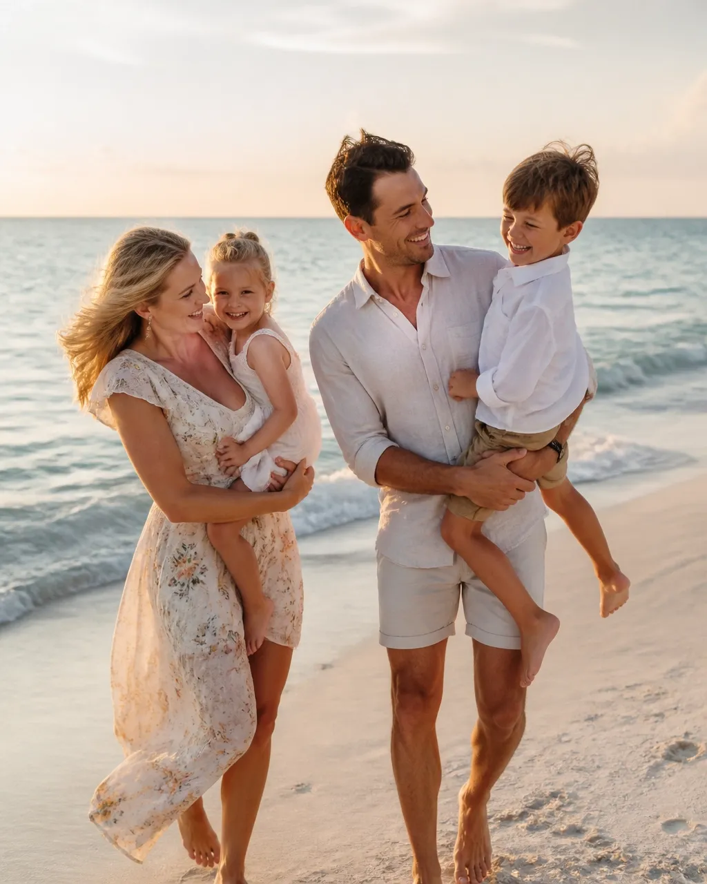 Family laughing together during a Florida beach session
