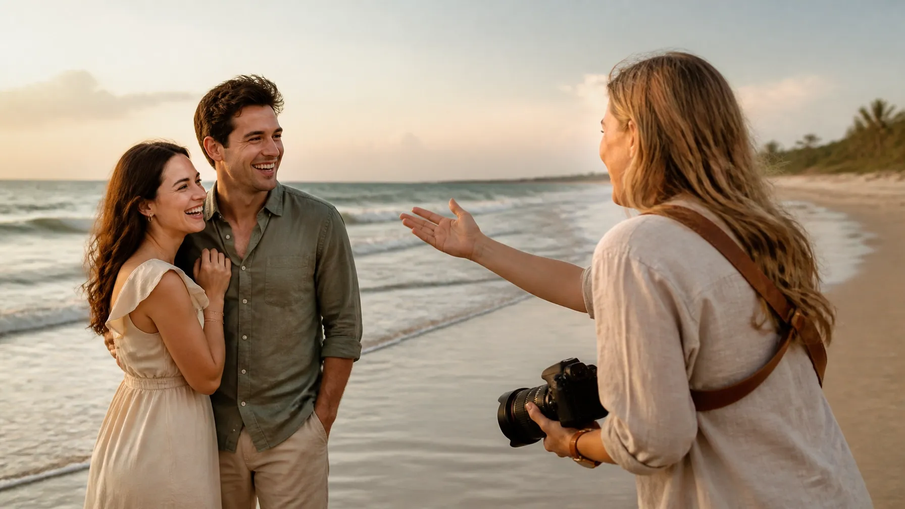 Photographer directing a laughing couple on a Florida beach